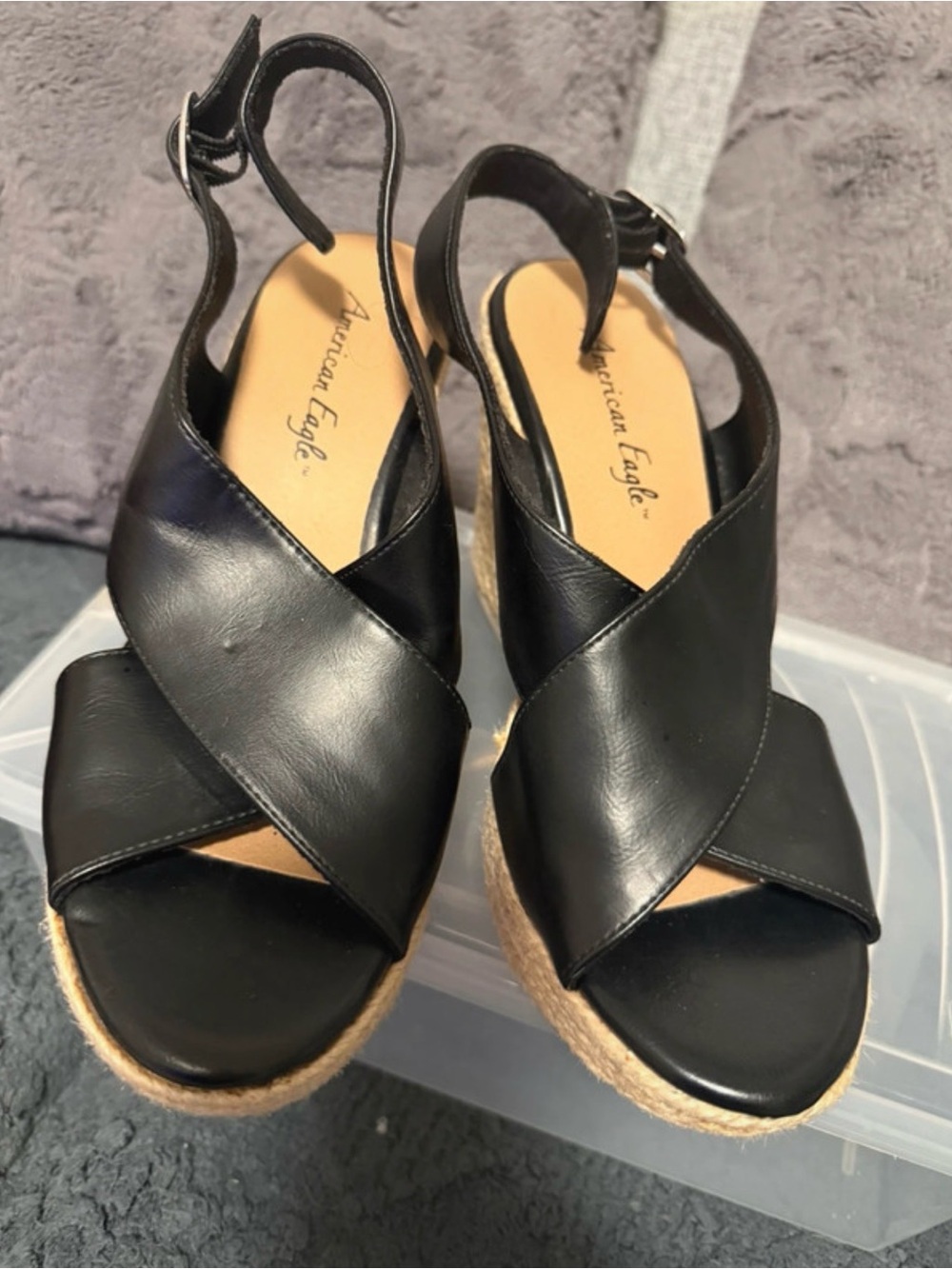 American Eagle Outfitters Black Crisscross Espadrille Wedge Sandals